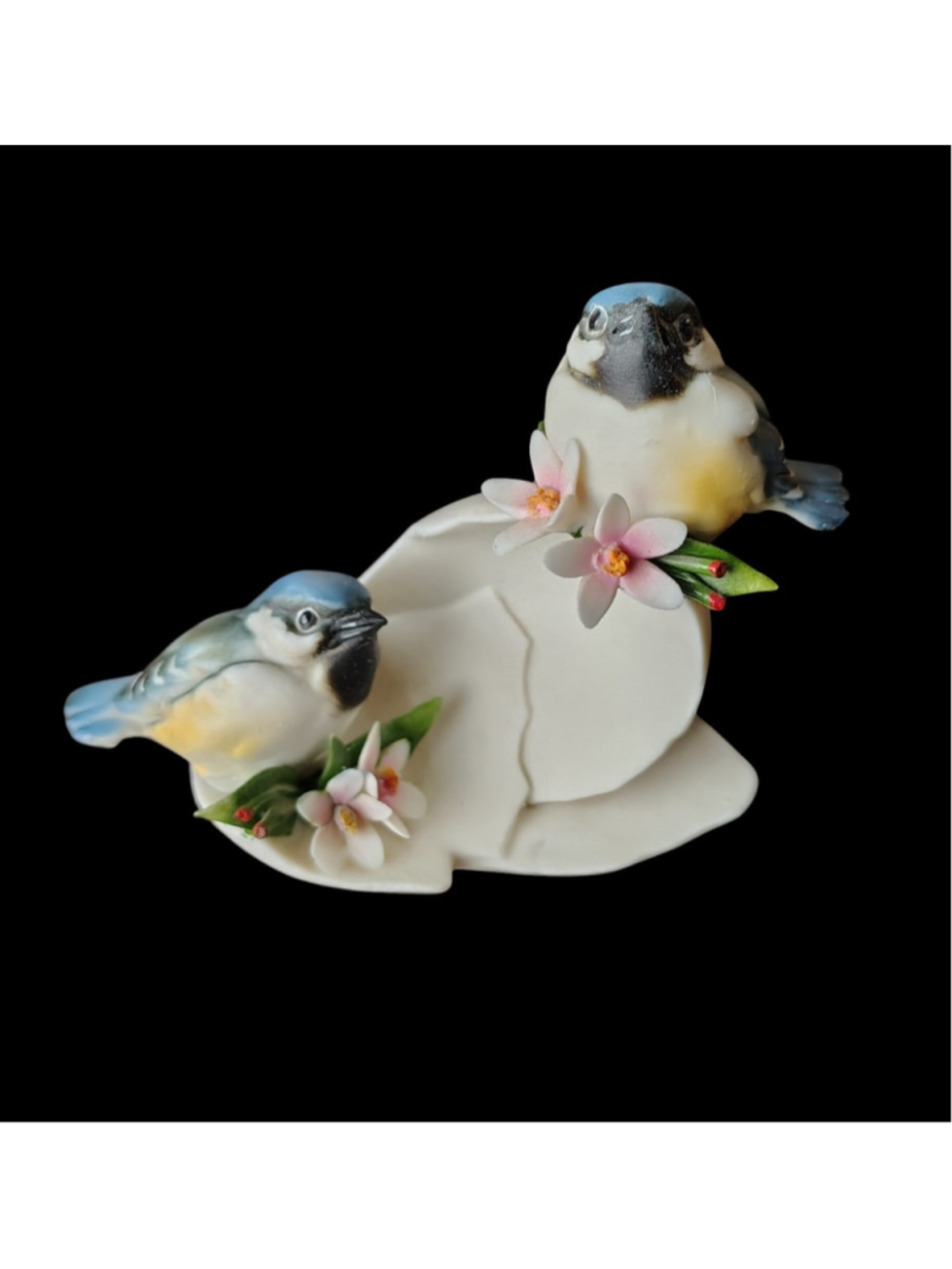 Capodimonte Italy Figurine 2 Blue Birds Sitting On Egg Shells With Flowers